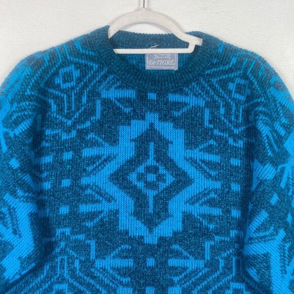 Le Tigre Vintage USA Made Geometric Knit Sweater Blue Teal Mens L - Picture 5 of 9